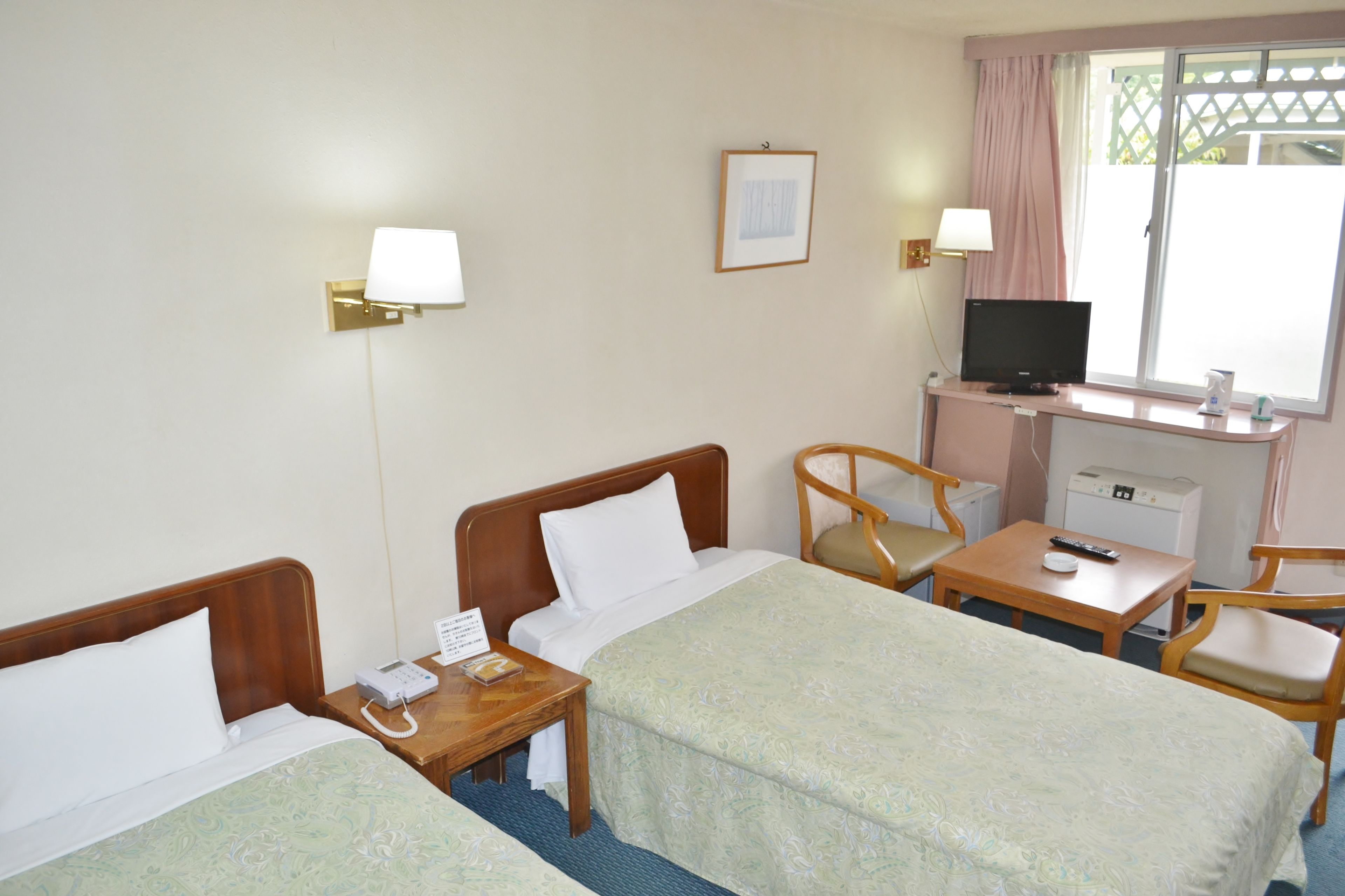 Habitación de hotel con dos camas, un escritorio, televisor y ventana con vistas.