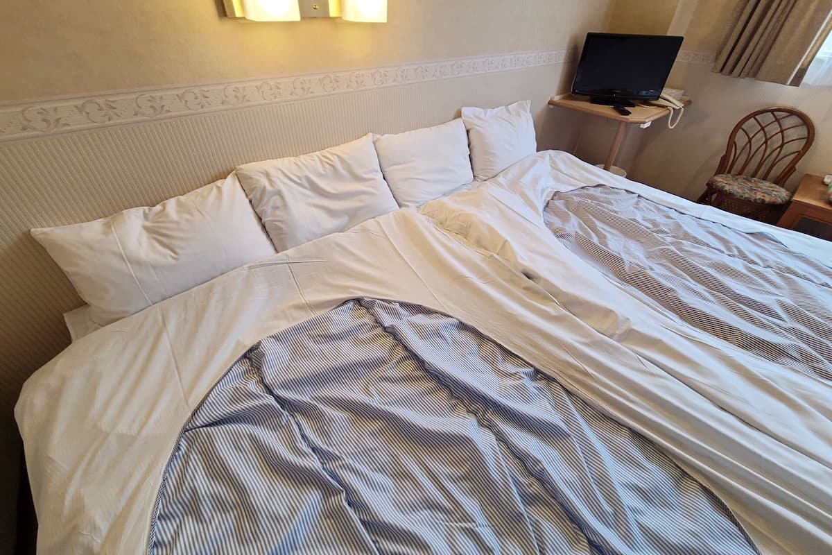 Ein Hotelzimmer mit einem ordentlich bezogenen Bett, einem Fernseher auf einem kleinen Tisch und einem Sessel mit Kissen.