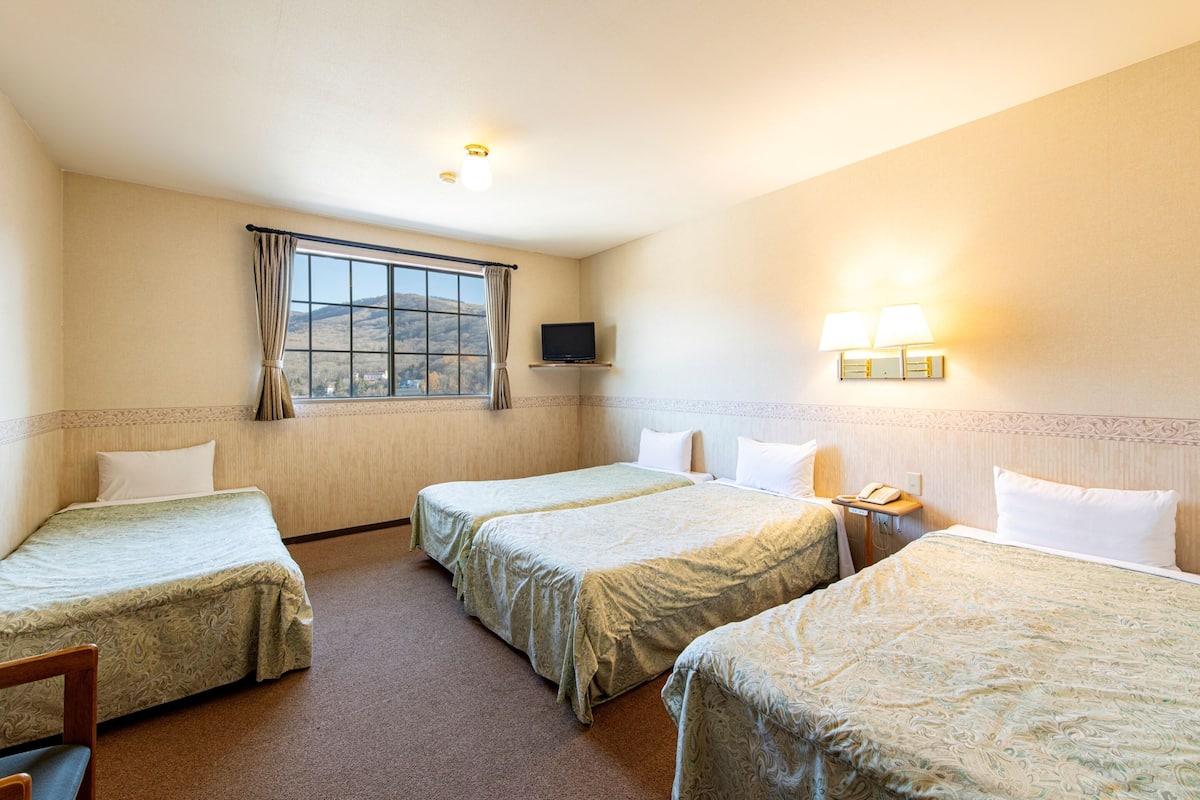 Ein Hotelzimmer mit zwei Einzelbetten, einem an der Wand befestigten Fernseher, einem Fenster mit Vorhängen und einem Nachttisch mit Lampe.