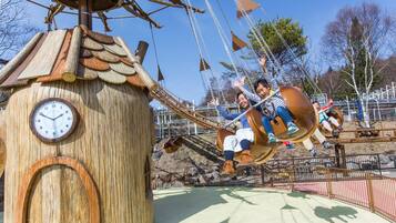 A wooden structure with a clock, a swing ride, and a fenced area.