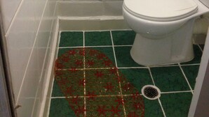 A bathroom with a toilet, a shower, and a green patterned floor. - Ikaros Hotel (Piraeus)