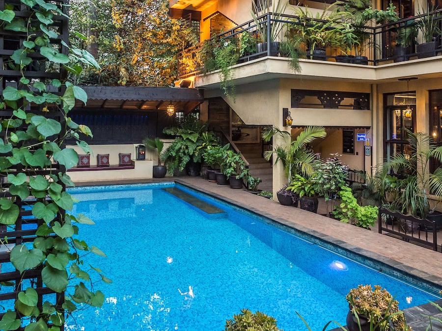 Outdoor pool, pool umbrellas, sun loungers