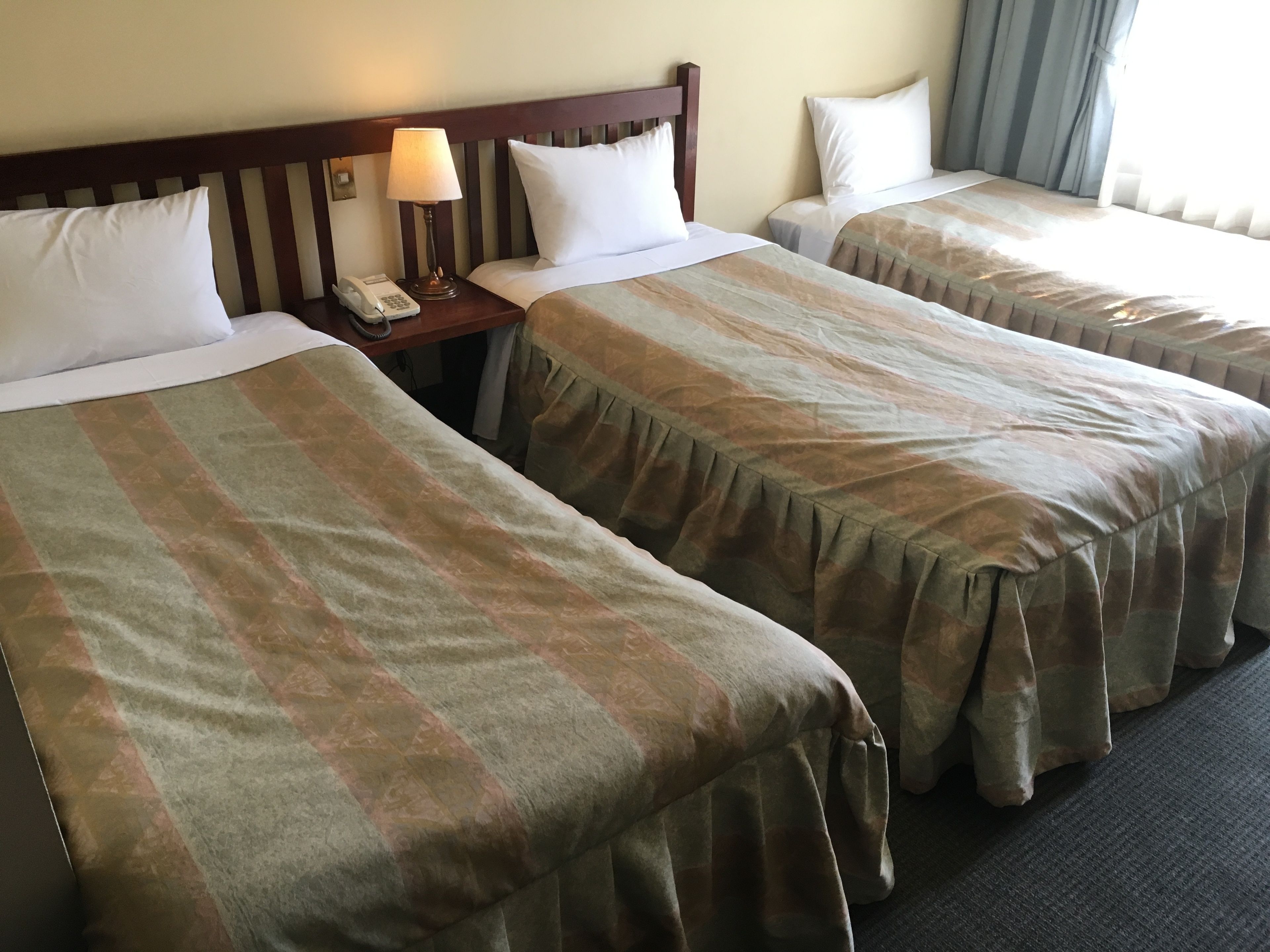 Una habitación de hotel con dos camas, cada una con cabecero, mesita de noche con lámpara y teléfono.