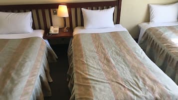 A hotel room with two single beds, a nightstand with a lamp, and a telephone.