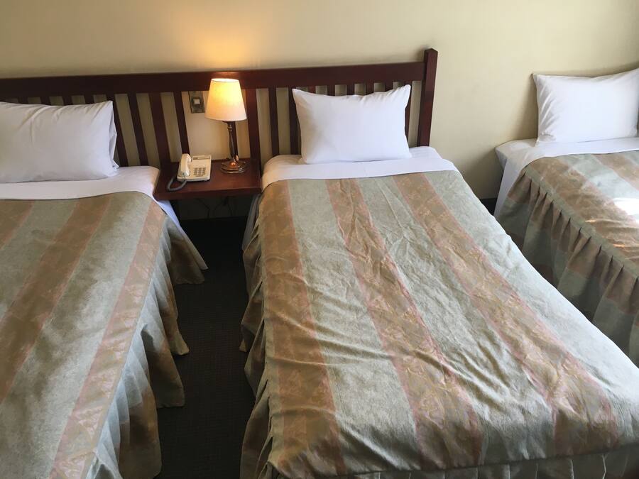 A hotel room with two single beds, a nightstand with a lamp, and a telephone.