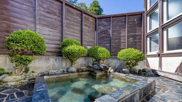 A stone pool with a clear water edge, surrounded by a stone deck and a wooden fence. - Hakuba PAIPU NO KEMURI (Hakuba)