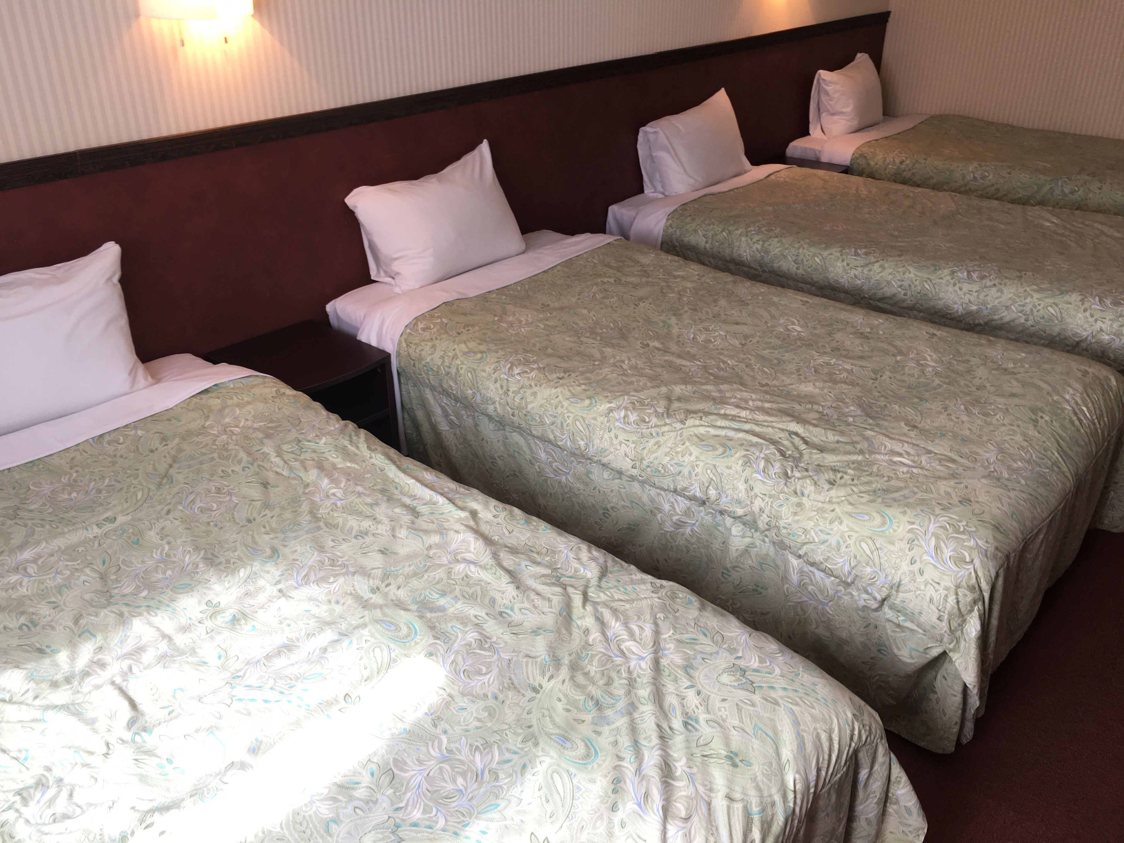 Ein Hotelzimmer mit drei Einzelbetten, jeweils mit einer gemusterten Bettdecke und weißen Kissen.