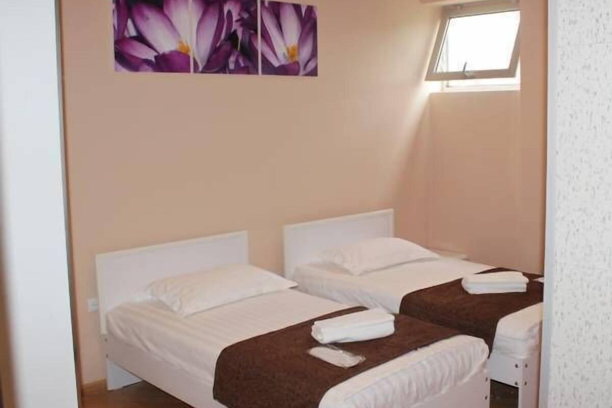 A room with two beds, a window, and a wall-mounted artwork.