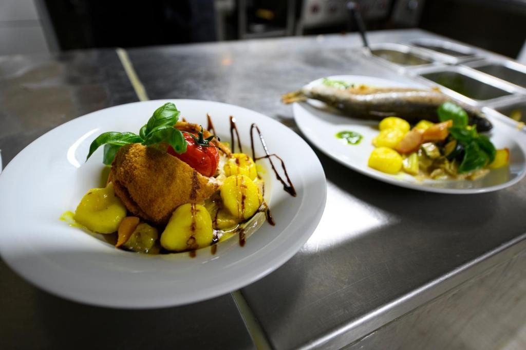 Two plates of food with a variety of vegetables and a fish on a stainless steel table.