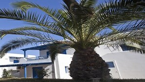 A modern building with a white facade and blue accents, surrounded by palm trees. - Aeraki Studios & Apartments (Naxos)