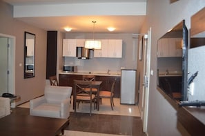 Fridge, microwave, stovetop, electric kettle
