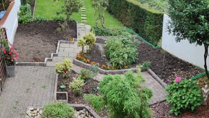 Een tuin met diverse planten en een kiezelpad.