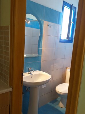 A bathroom with a white sink, a toilet, and a window.