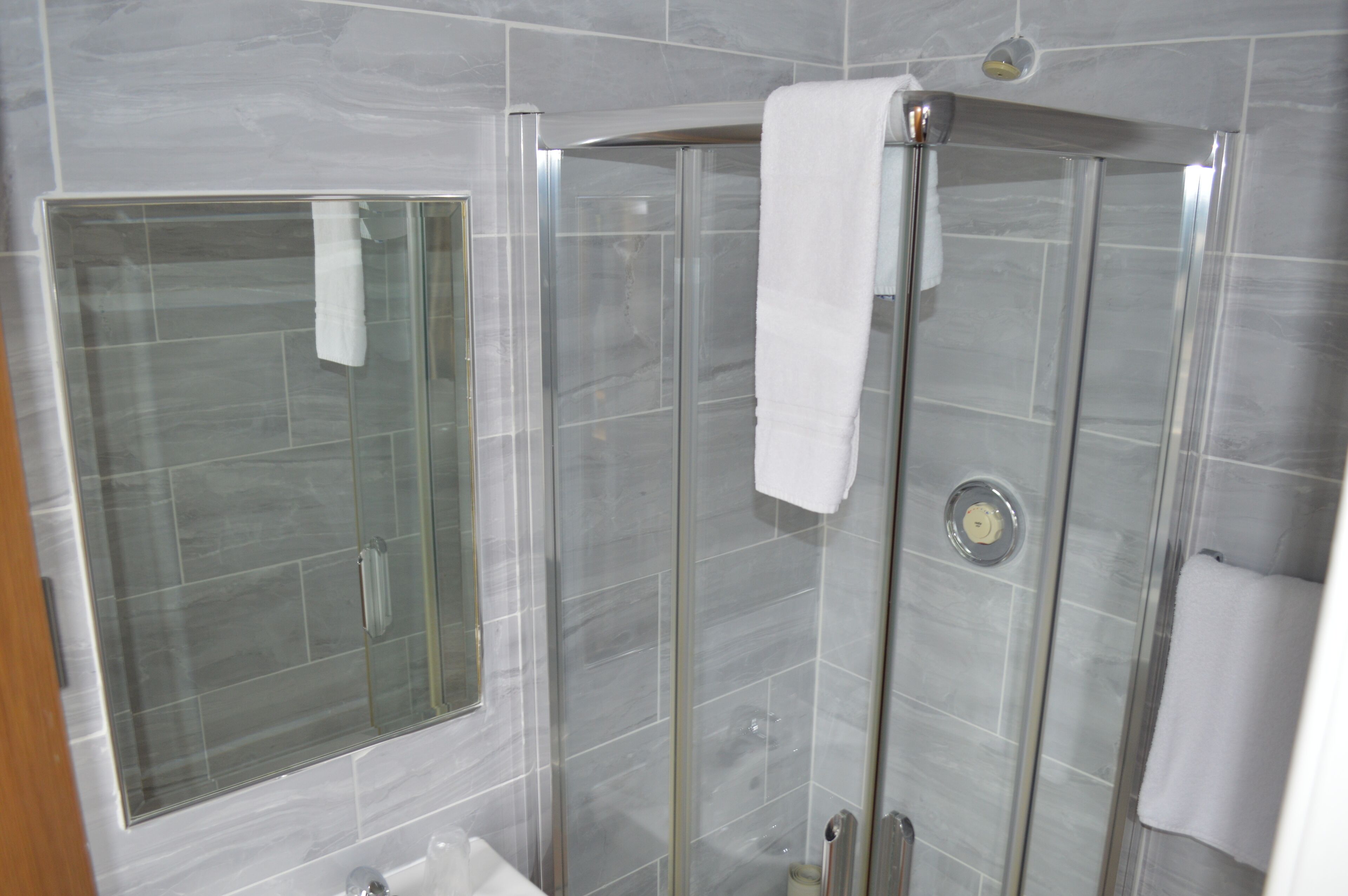 A modern bathroom with a glass-enclosed shower, a visible toilet, and a sink.
