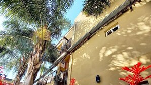 A multi-story building with balconies, surrounded by lush tropical plants and palm trees. - Departamentos Campitelli (General Pacheco)