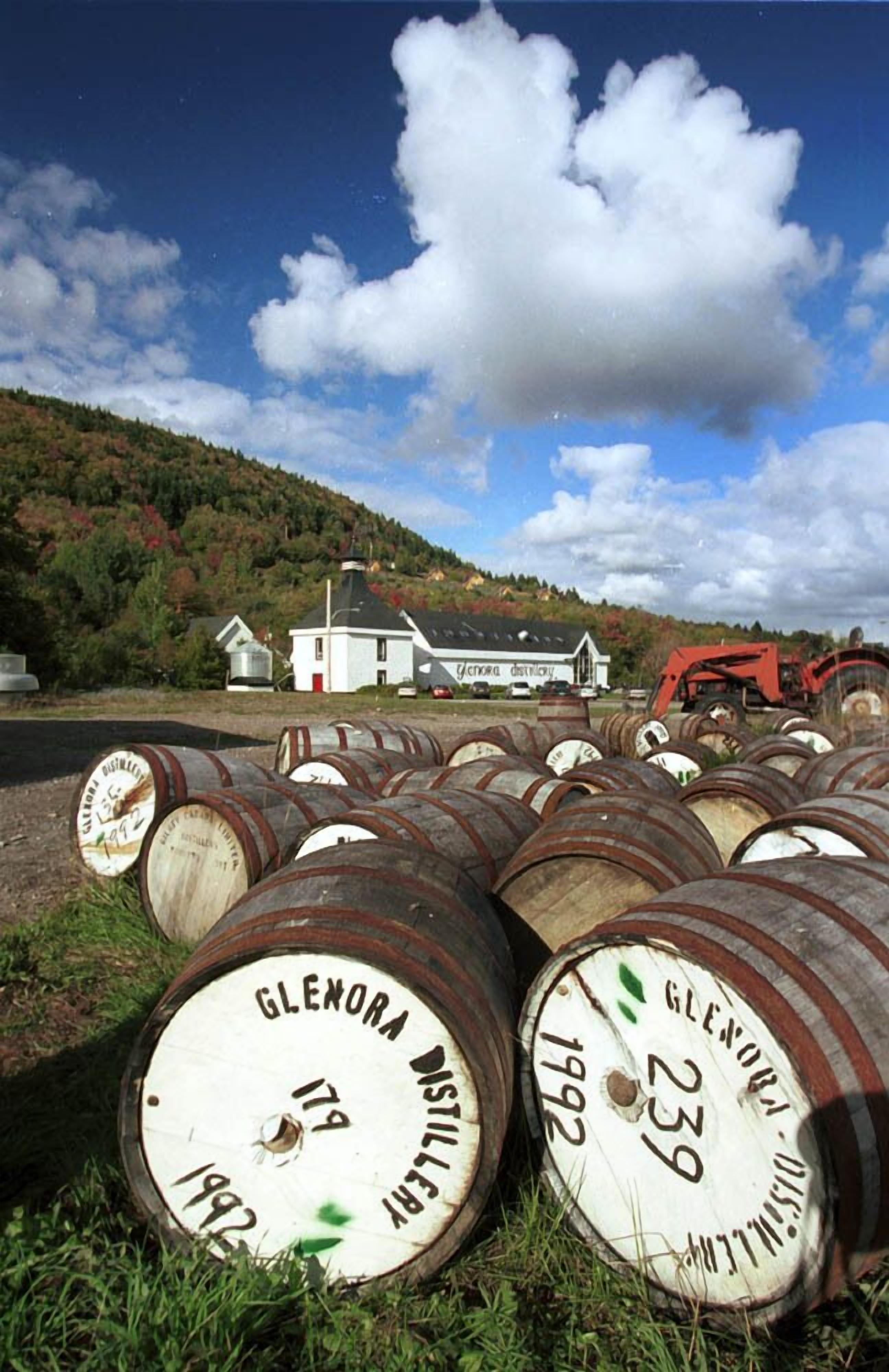 Barrels labeled 'Glenora Distillery' with a building and trees in the background.