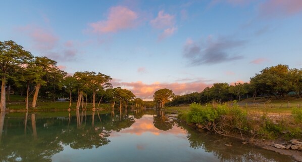 A serene lakeside view with trees reflecting in the calm water, surrounded by grassy areas and a clear sky.