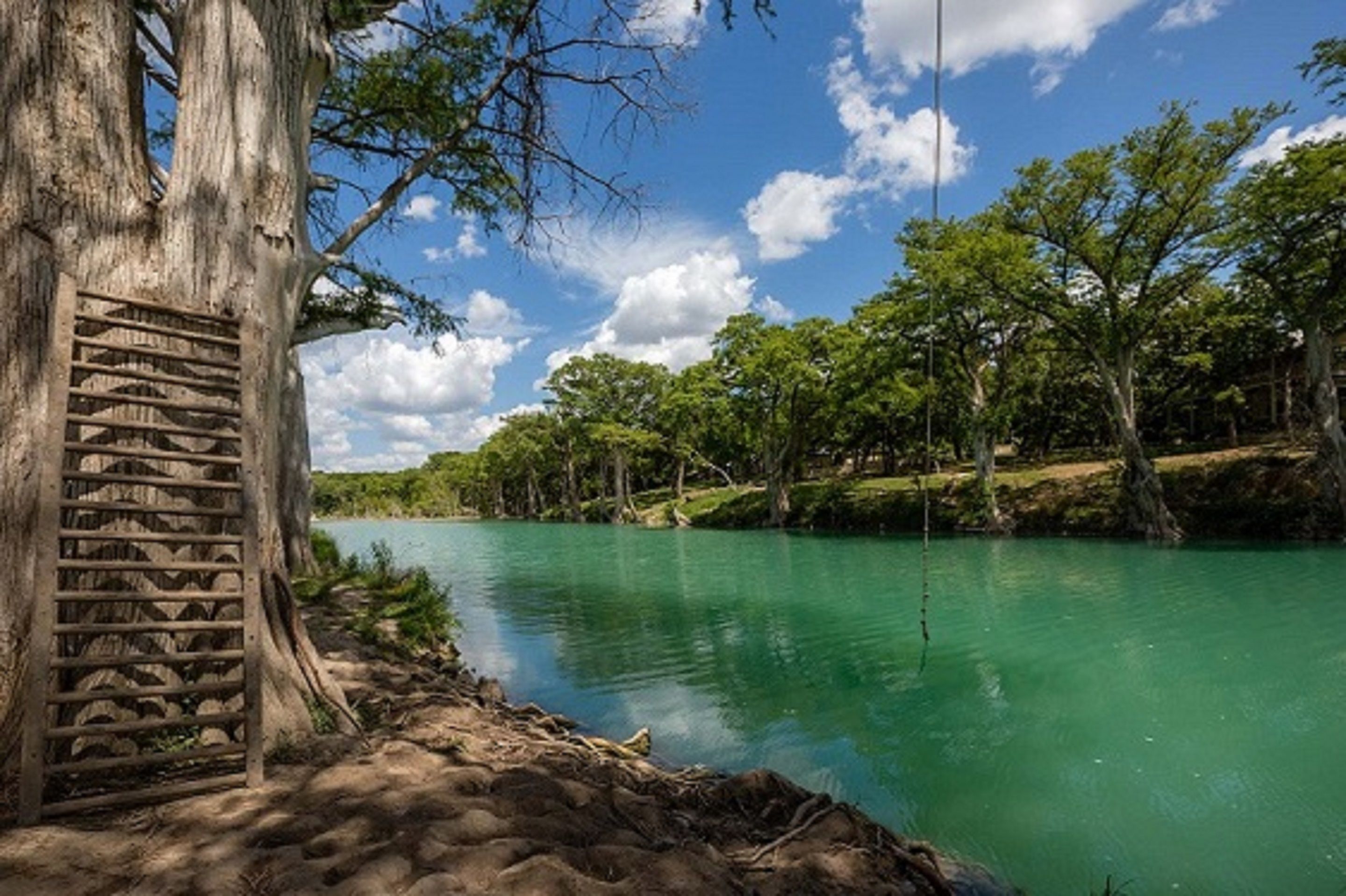 Un fiume tranquillo con una struttura in legno sulla riva, circondato da rigogliosa vegetazione e alberi.