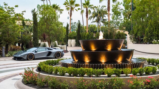 Une fontaine à plusieurs niveaux, entourée d’un jardin circulaire agrémenté de diverses plantes et fleurs.