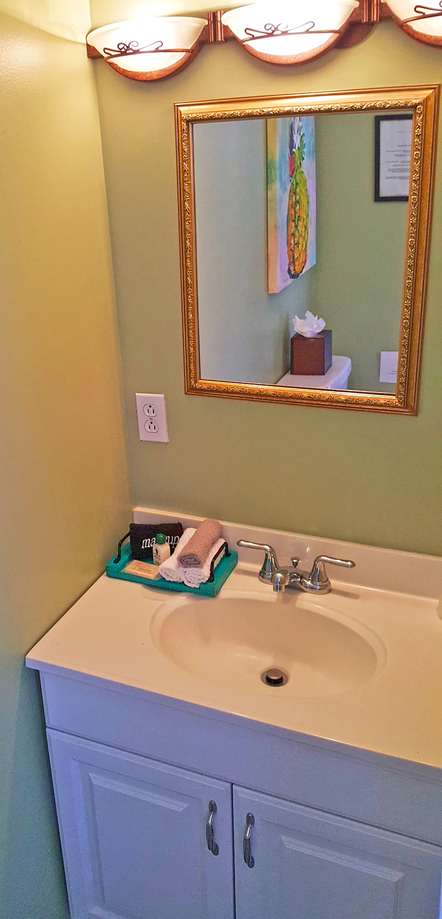 A bathroom with a white sink, a mirror with a gold frame, and a towel rack with a green tray.