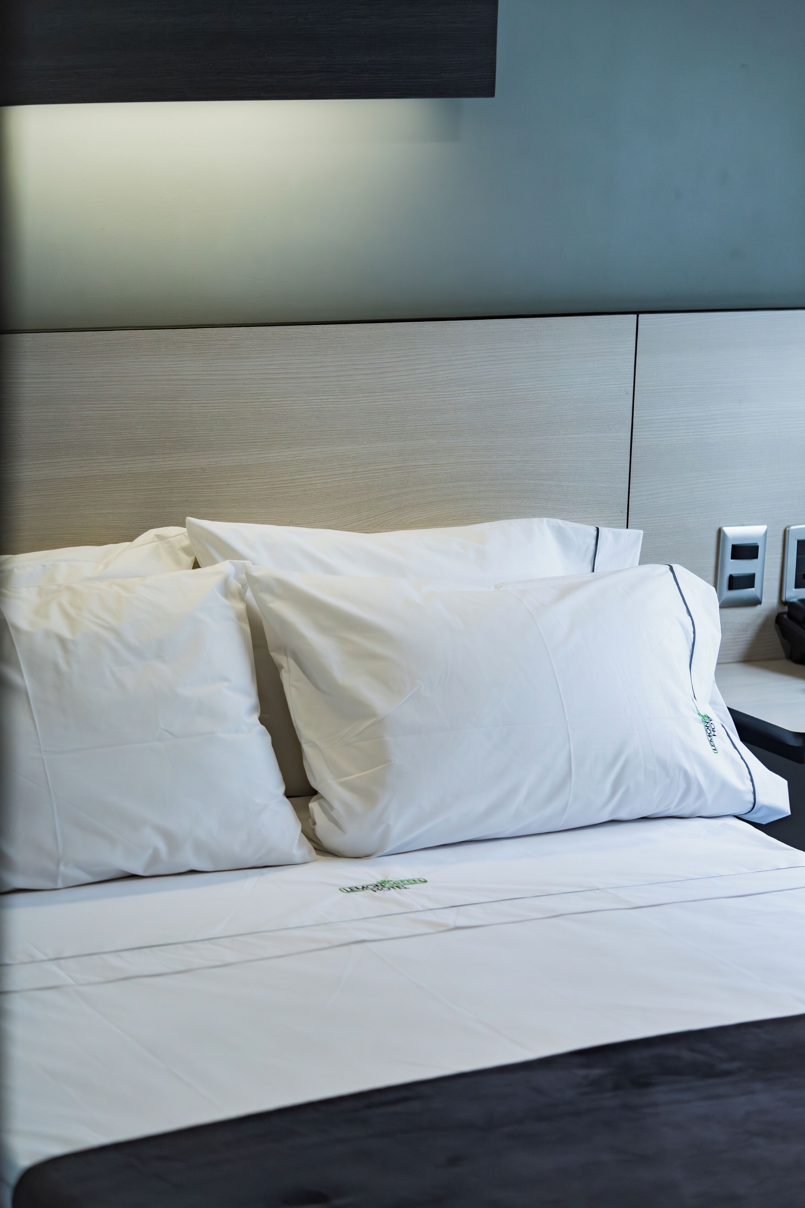 A neatly made bed with white linens and pillows, a bedside table with a lamp, and a wall-mounted control panel.