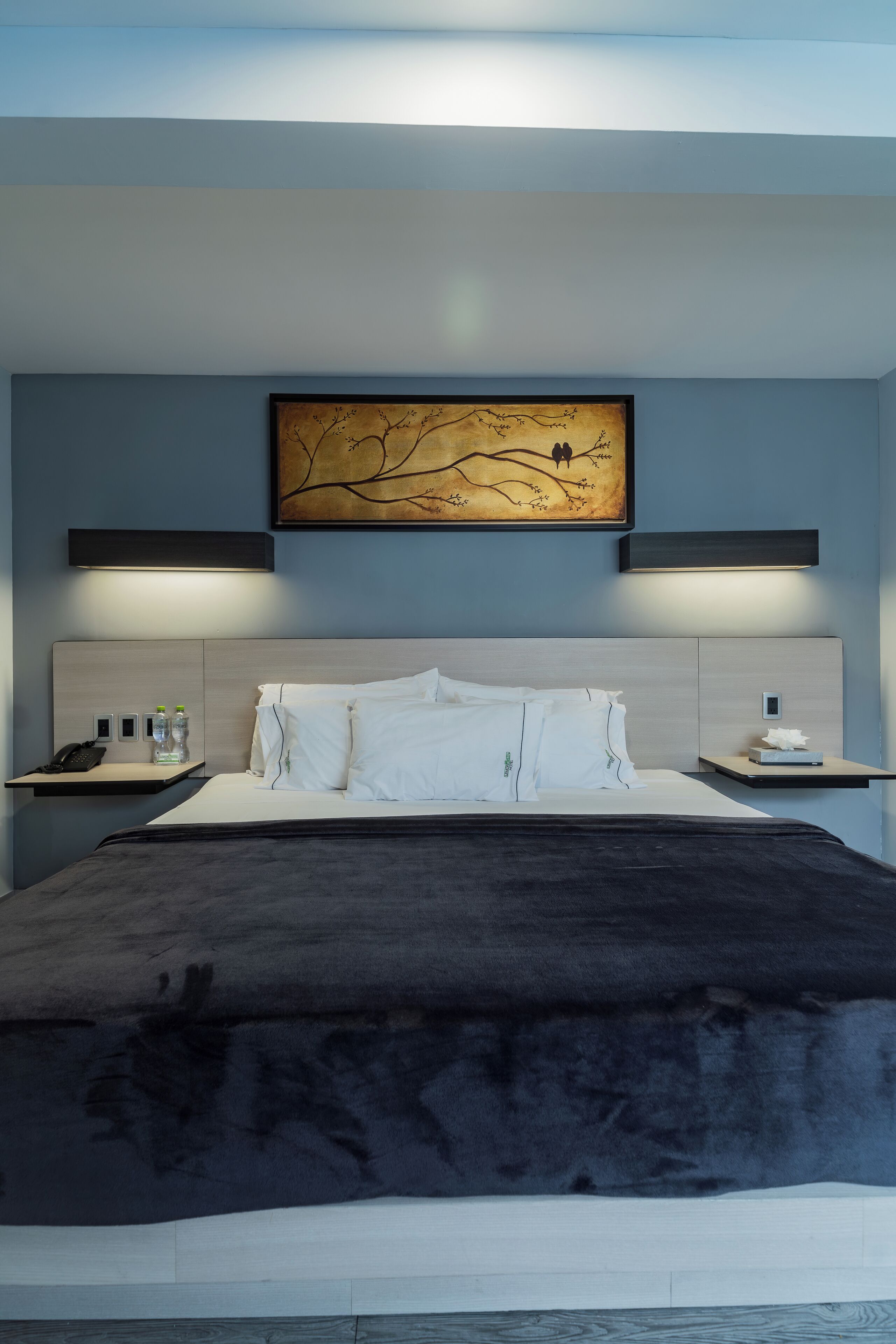A modern hotel room with a large bed, bedside tables, a wall-mounted artwork, and a nightstand with a phone and bottles.