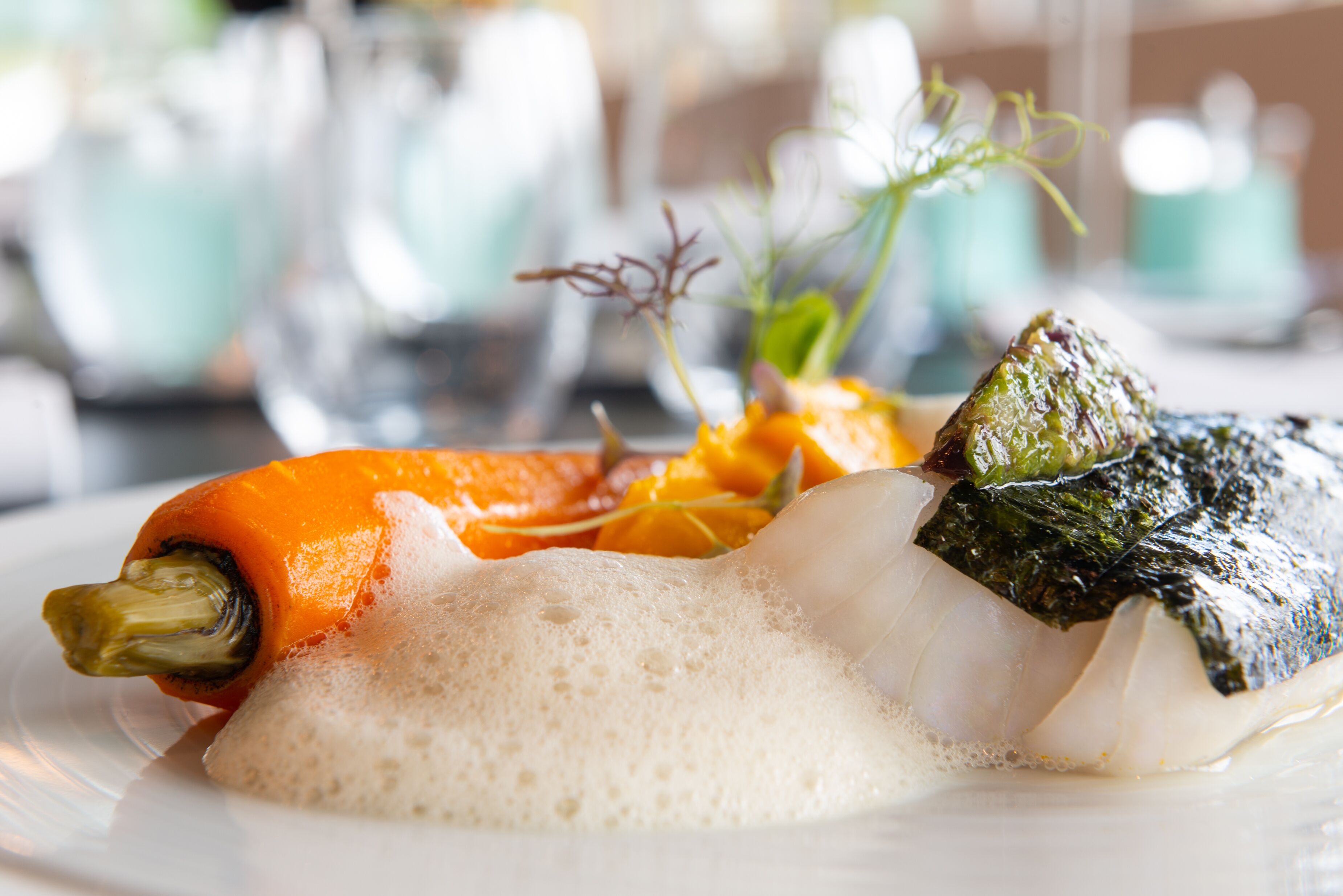 A plate with a fish fillet, a carrot, and some greens.
