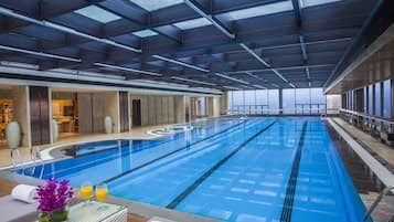 Indoor pool, open 7:30 AM to 9:30 AM, sun loungers