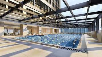 Indoor pool, open 7:30 AM to 9:30 AM, sun loungers
