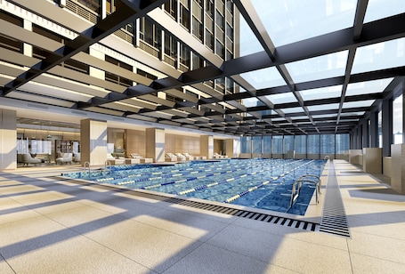 Indoor pool, open 7:30 AM to 9:30 AM, sun loungers