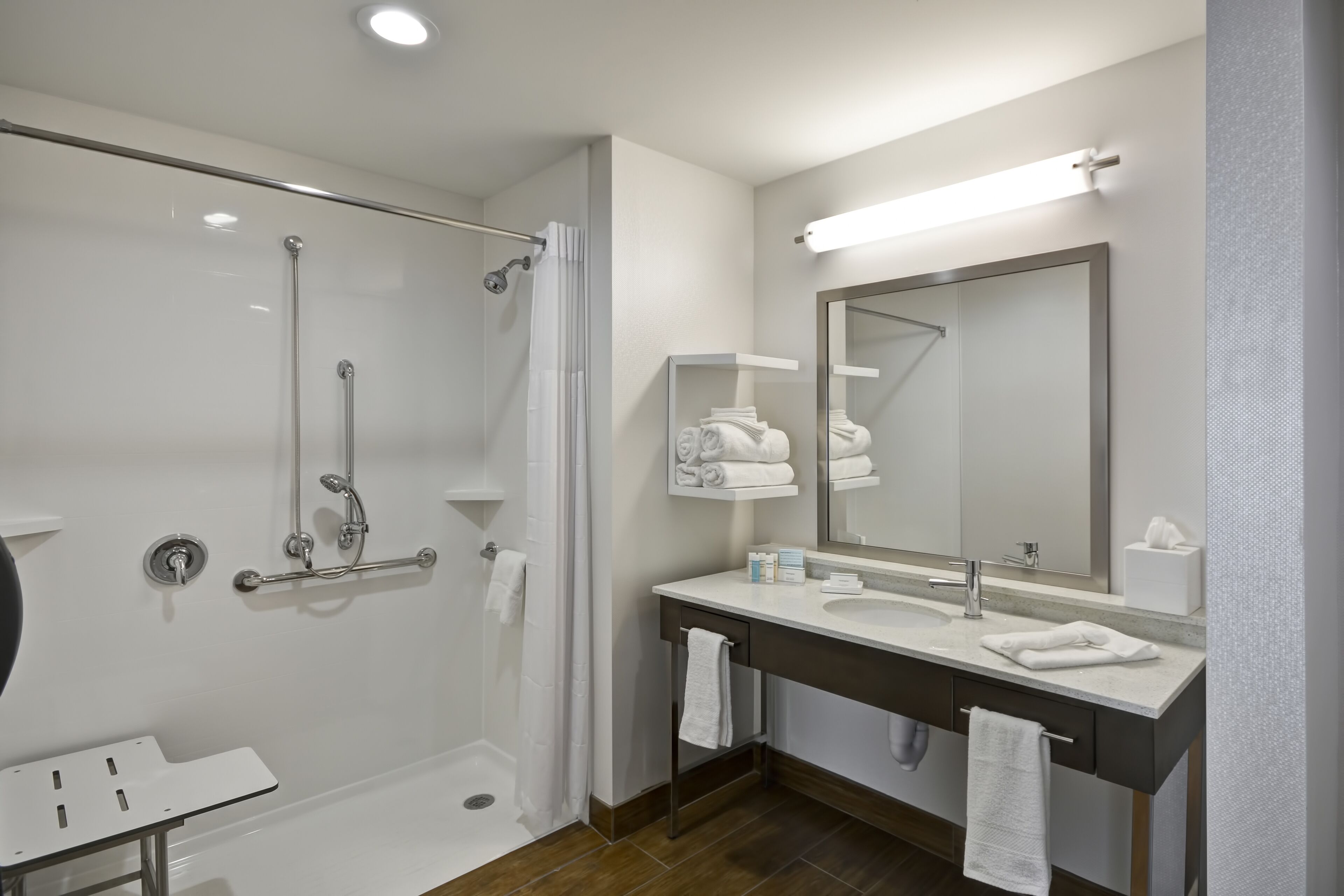 studio, 1 king bed, accessible, non smoking (mob/hearing acc w/ roll-in shower) | bathroom | shower, hair dryer, towels