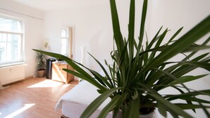 A bright room with a large potted plant, wooden flooring, a white bed, and a window providing natural light. - Peters Wohnung (Weimar)