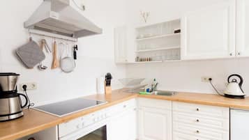 Apartamento clásico, 1 habitación, cocina | Cocina privada | Frigorífico grande, horno, placa de cocina y cafetera o tetera