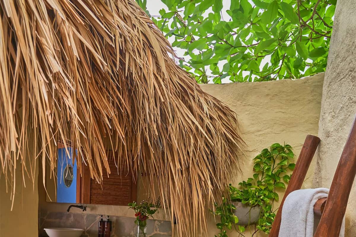 A thatched-roof outdoor kitchen area with a stone sink and a wooden ladder leaning against a wall.