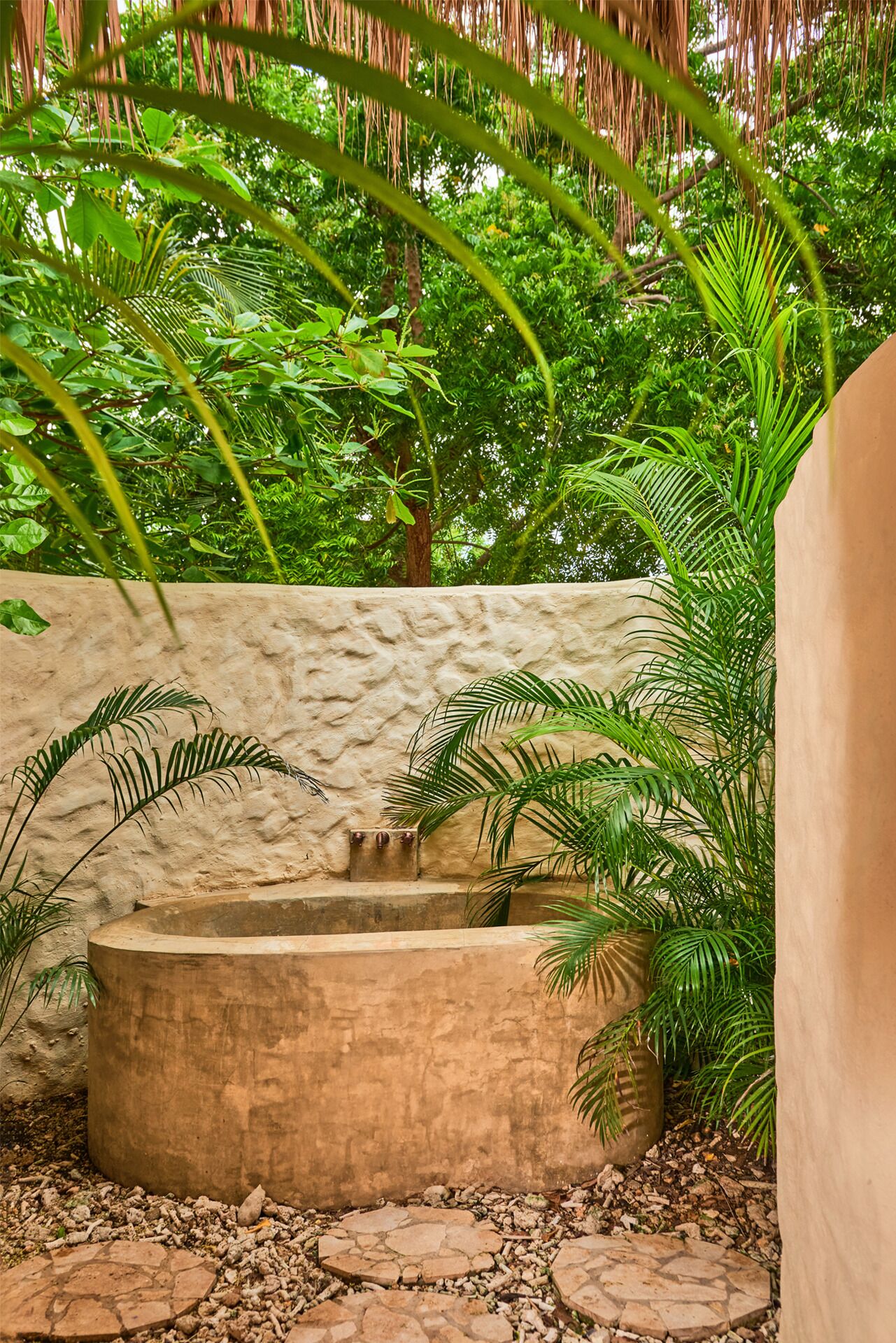 Tinaja de piedra rodeada de exuberante vegetación y un muro de piedra.