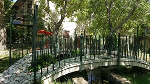 Een stenen brug met metalen hekken, een beekje eronder en weelderige begroeiing langs de oever.