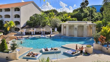 12 outdoor pools, pool umbrellas, pool loungers