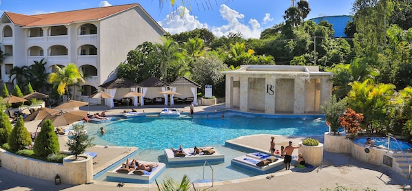 12 outdoor pools, pool umbrellas, pool loungers