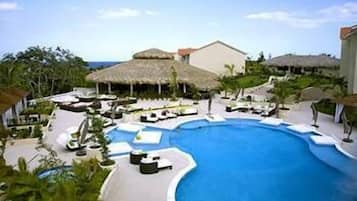 12 outdoor pools, pool umbrellas, pool loungers