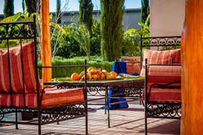 Outdoor pool, pool umbrellas, pool loungers