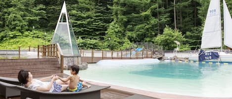 Indoor pool, outdoor pool, sun loungers