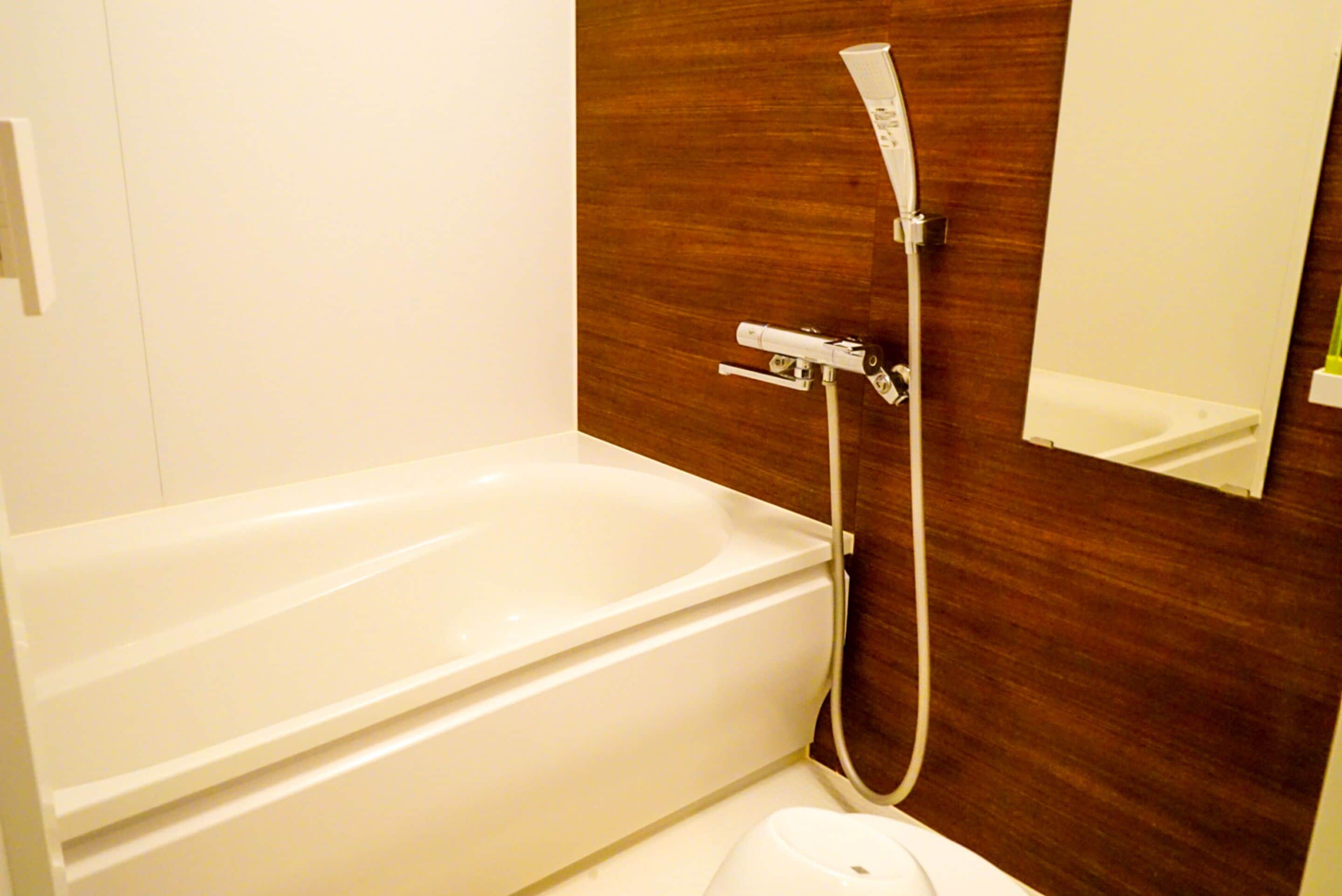 Un baño moderno con una bañera blanca, un cabezal de ducha manual y un espejo sobre el lavamanos.