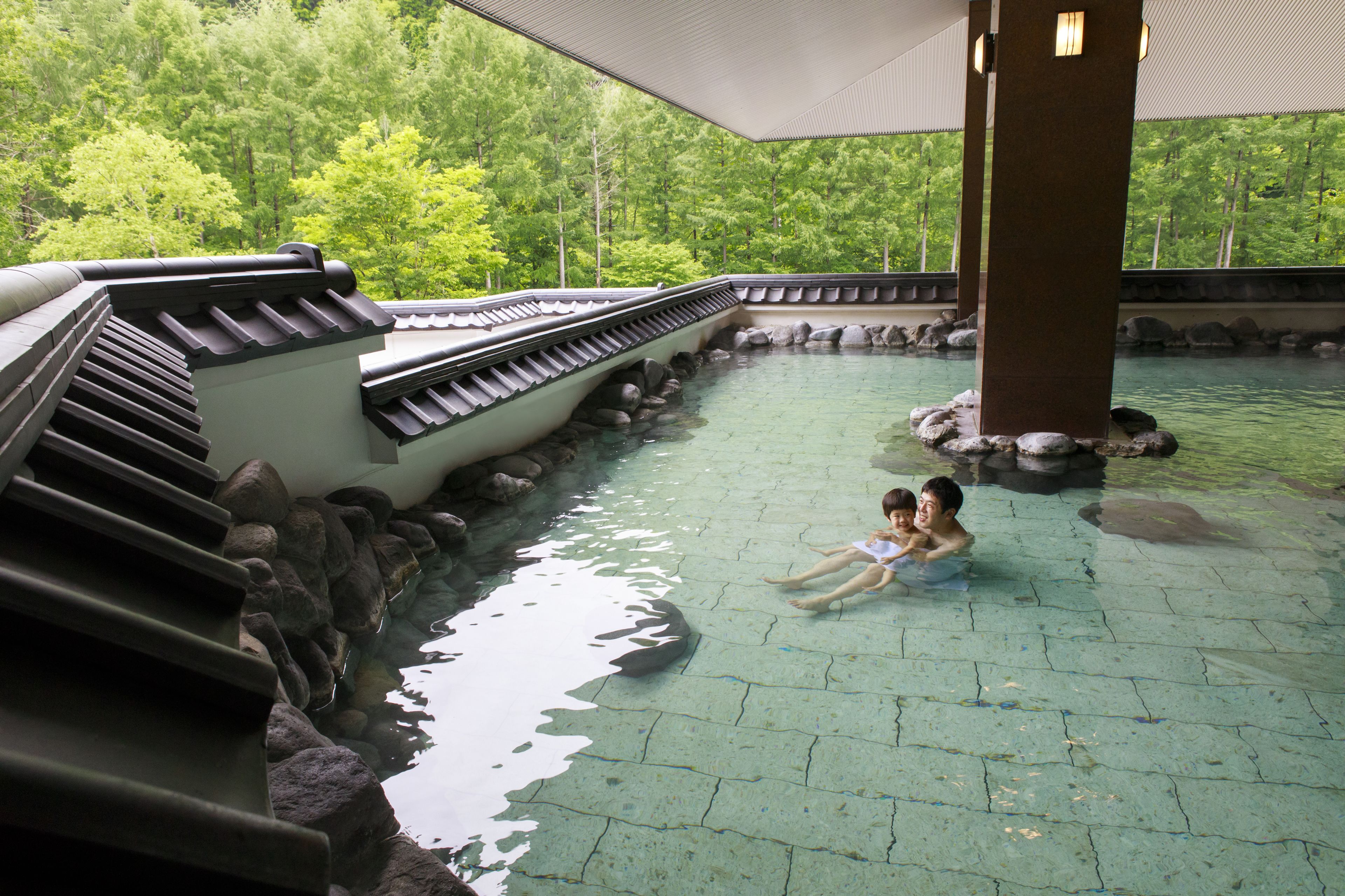 A traditional Japanese onsen with stone steps leading into a clear pool, surrounded by a wooden structure and lush greenery. - Kitayuzawa Mori no Soraniwa (Date)