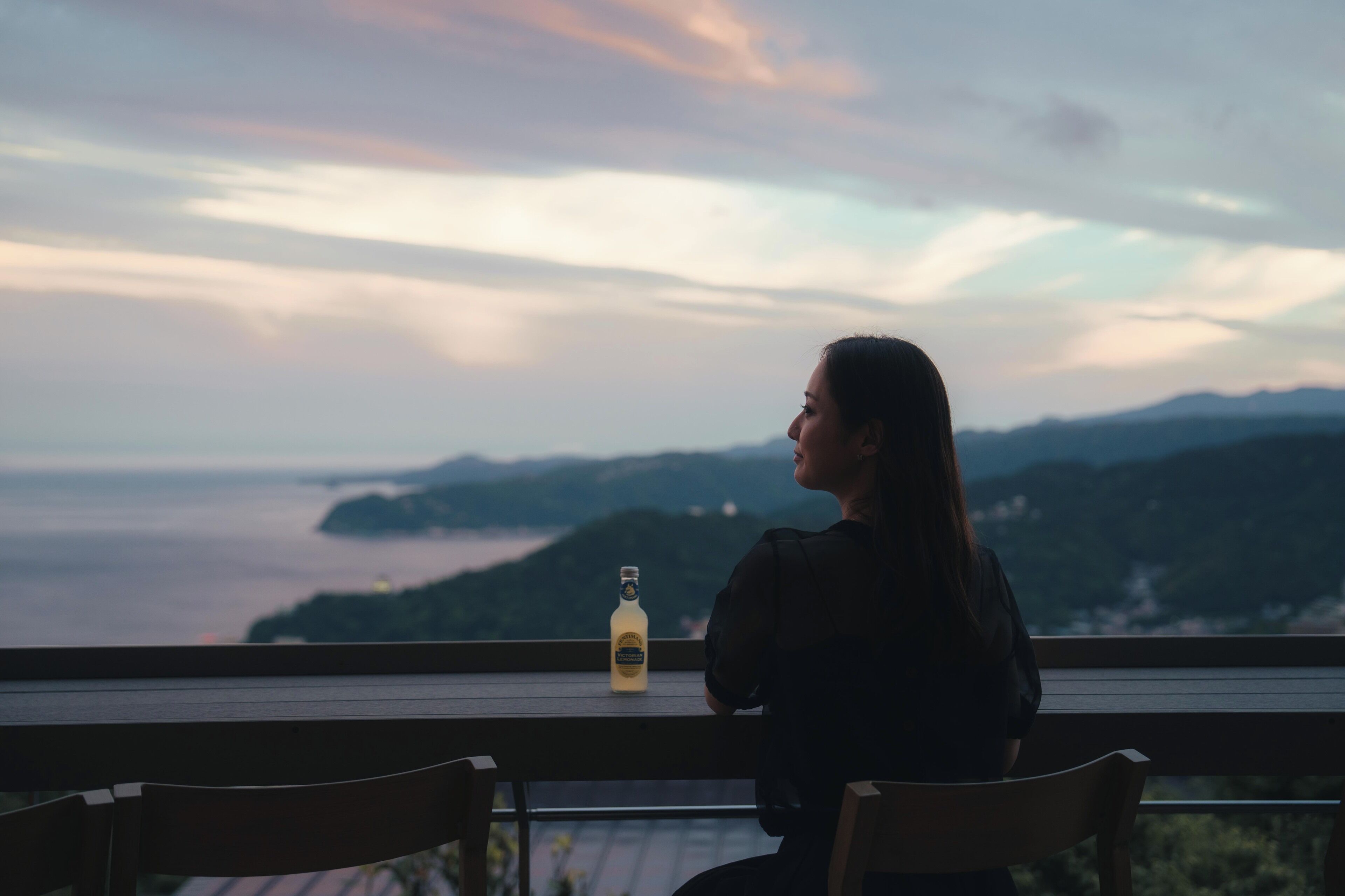 Una persona sentada a una mesa con una botella, contemplando una vista panorámica de montañas y una masa de agua.