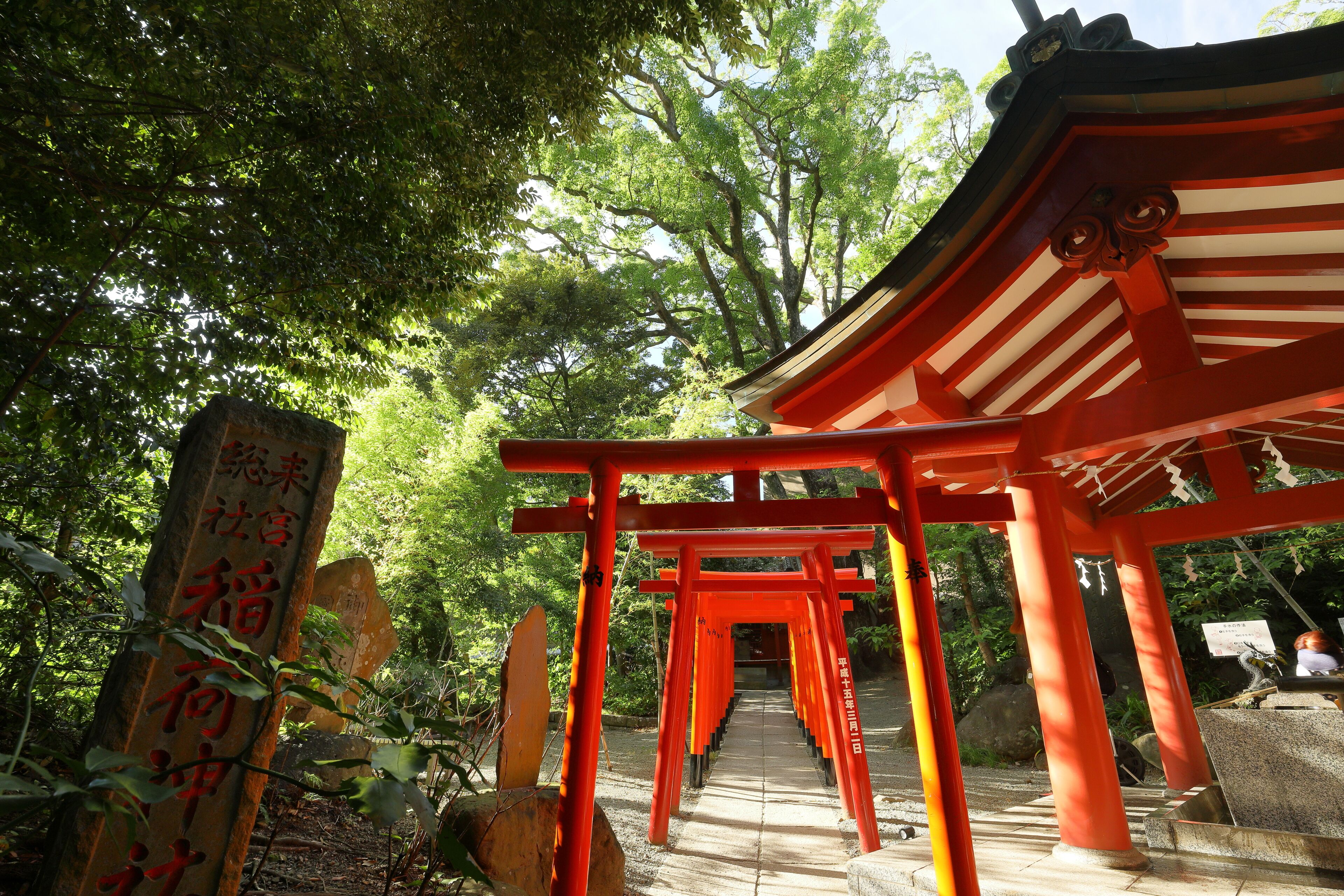 Un tradizionale torii giapponese con pilastri rossi e un tetto in legno, immerso nel verde.