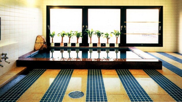 A public restroom with tiled walls, a tiled floor with a drainage grate, and a row of potted plants on a ledge. - Sakaide Plaza Hotel (Sakaide)