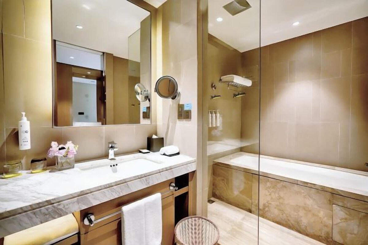 Combined shower/bathtub, free toiletries, hair dryer, towels