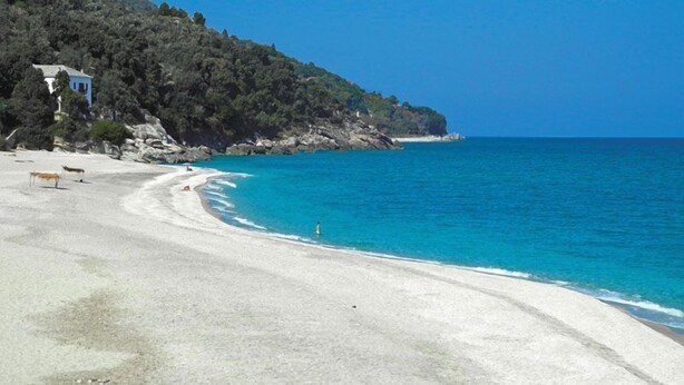 Una platja amb aigua turquesa cristal·lina, sorra daurada i un edifici situat en un turó.