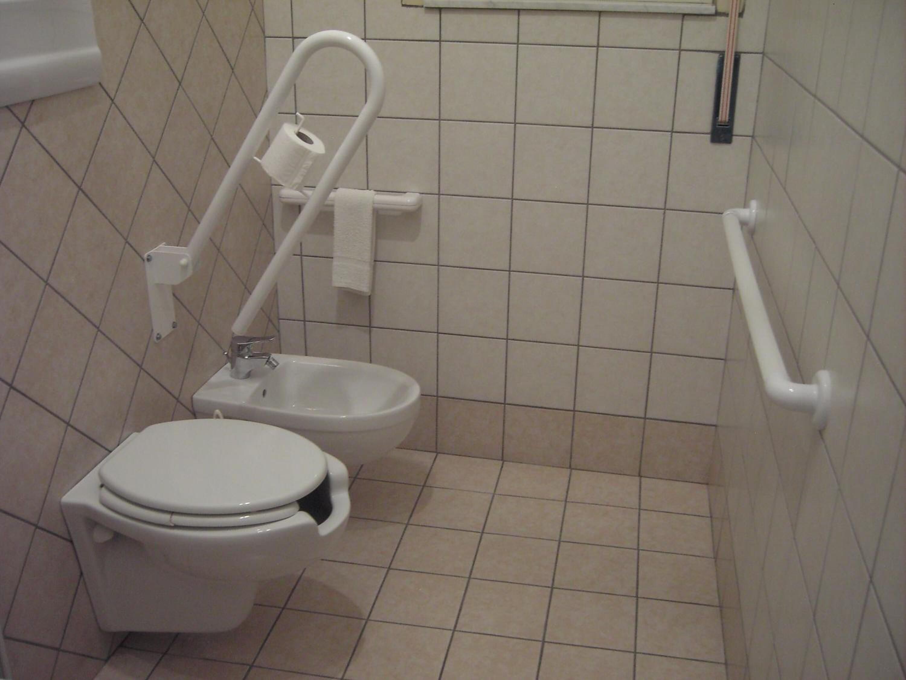 Un bany estàndard amb vàter, bidet i barana de suport.