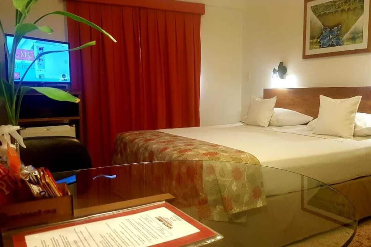Habitación de hotel con cama, escritorio con computadora, una silla, planta y un cuadro en la pared.